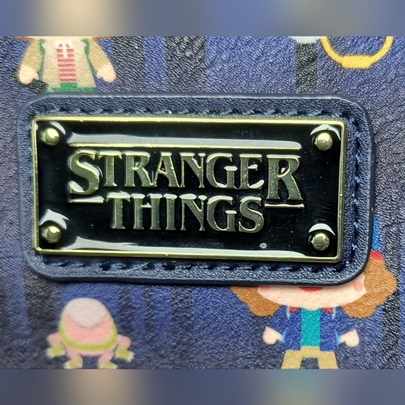 Loungefly Navy Blue and Gold Stranger Things Cartoon Characters Backpack - Picture 2 of 8